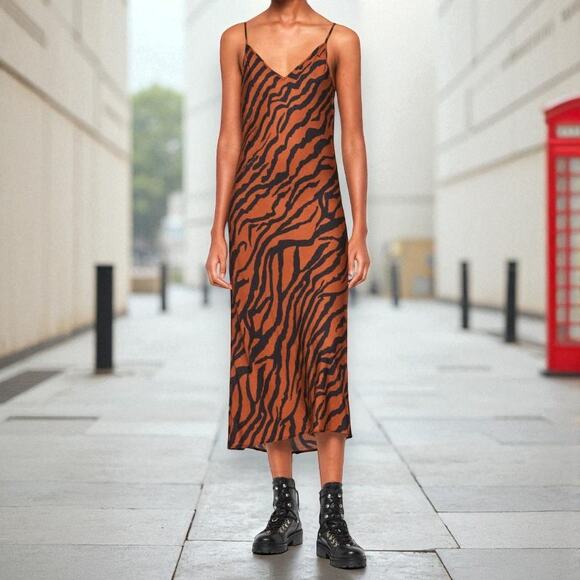 AllSaints Hera Zephyr Brown Tiger Print Long Slip Dress Size M Animal Print Chic - Picture 1 of 9